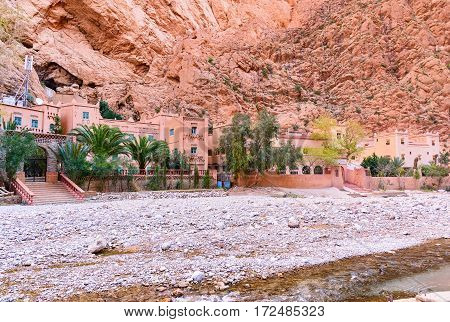 Tinghir Morocco - Jan 05 2017: Hotel in Todgha Gorge is canyon in Atlas Mountains near Tinghir city