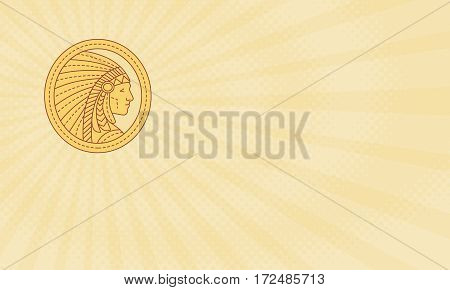 Business card showing Mono line style illustration of a native american indian chief wearing feather headdress viewed from the side set inside circle.