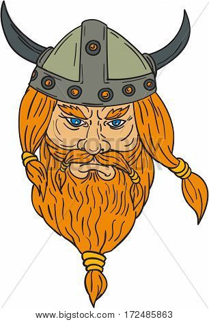 Drawing sketch style illustration of a norseman viking warrior raider barbarian head with beard viewed from front set on isolated white background.