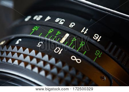 The retro photo camera lens a closeup