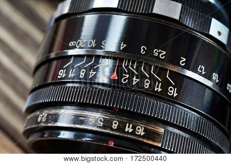 The retro photo slr camera lens closeup