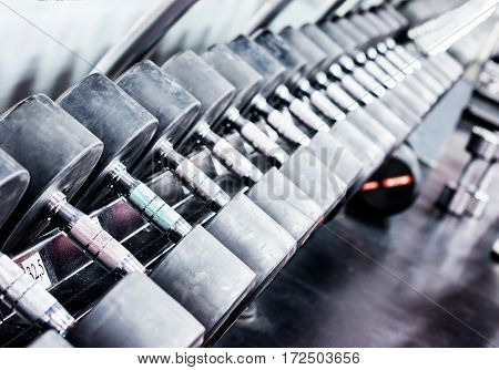 Rows of dumbbells in gym with hign contrast and monochrome color tone. Copy space