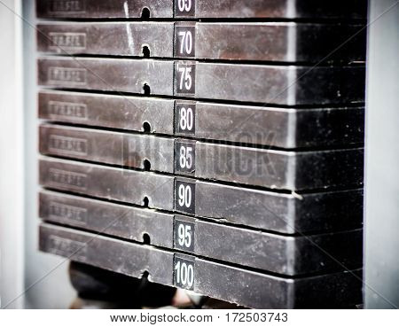 Stack of rusty metal weights in gym bodybuilding equipment. Bodybuilding concept. Hign contrast and monochrome color tone