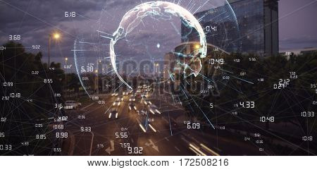 Image of earth with different times against cars moving on road in city at night