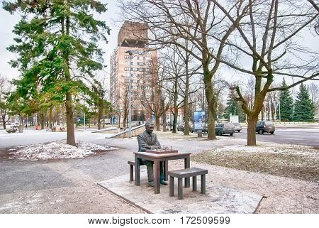 NARVA, ESTONIA - JANUARY 2, 2017: Monument to Pail Kerese, Estonian chess grandmaster on Pushkin Street in the center of the town not far from Estonian-Russian border
