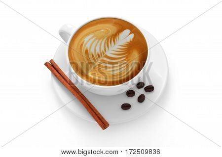 Cup of coffee latte and coffee beans isolated on white background
