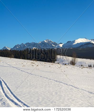 Winter mountains covered with snow view from a big meadow in Tatry mountains in Poland