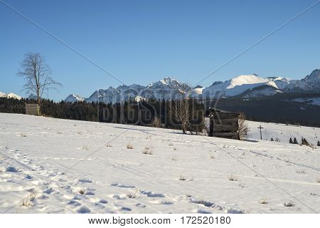 Winter mountains covered with snow view from a big meadow in Tatry mountains in Poland