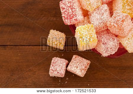 Turkish sweet delights lucum in coconut shavings. Oriental sweets