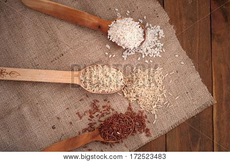 Different rice in wooden spoon: brown red and round rice. The image is tinted