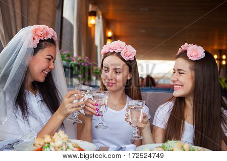 Group Happines Women With Champagne At Hen Party