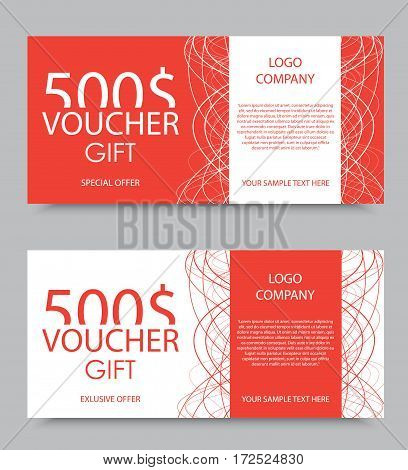 Gift company voucher template on five hundred dollars with light interweaving lines pattern in red and white colors. Vector illustration