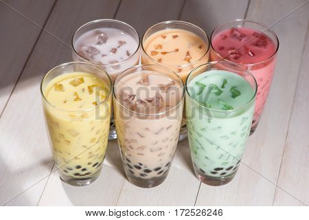Bubble Tea. Homemade Various Milk Tea With Pearls On Wooden Table.