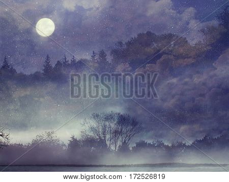 Fantasy forest. Fantasy landscape. Violet, purple image