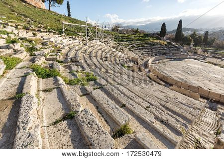 Ruins of the Theatre of Dionysus in Acropolis of Athens, Attica, Greece