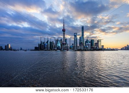 Shanghai skyline landmarks of Shanghai with Huangpu river in China.