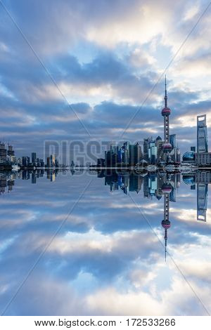 Shanghai skyline landmarks of Shanghai with Huangpu river in China.