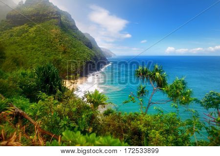 View Of The Famous Kalalau Trail Along Na Pali Coast Of The Island Of Kauai