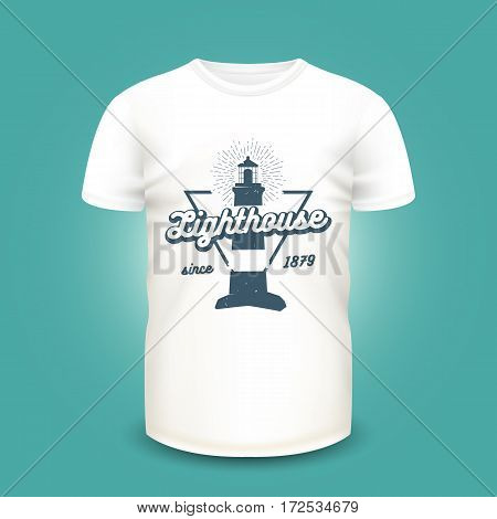Retro nautical label with lighthouse and sunburst on t-shirt template. Vector illustration. Realistic mockup and marine print used for advertising emblem on textile goods, banner or poster design.