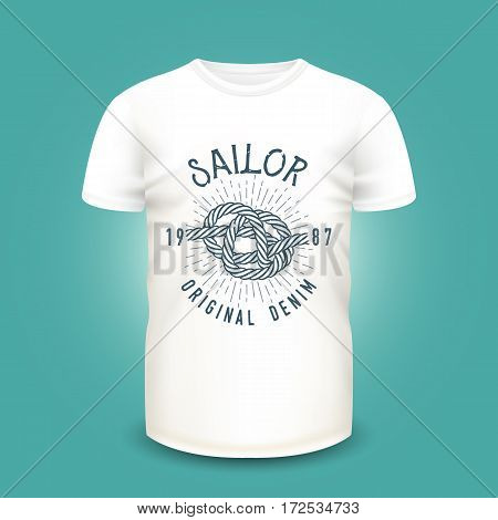 T-shirt mockup with marine knot print, sunburst and lettering. Vector illustration. Realistic mockup and nautical label used for advertising emblem on textile goods, banner or poster design.