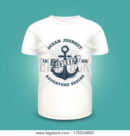Retro nautical label with anchor and sunburst on t-shirt template. Vector illustration. Realistic mockup and marine print used for advertising emblem on textile goods, banner or poster design.