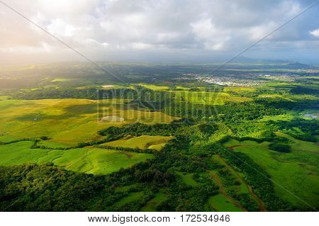 Beautiful View Of Spectacular Jungles, Field And Meadows Of Kauai Island Near Lihue Town