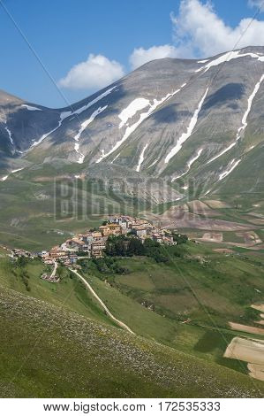 Beautiful view of the old italian mountain village Castelluccio, picturesque Apennine landscape, Norcia, Italy