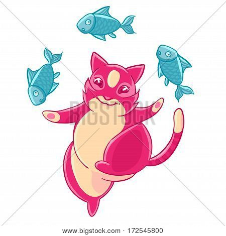 Cute pink cat smiling and juggling fish. Vector illustration.T-shirt print. Greeting card.
