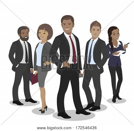 Business team of employees and the boss international group vector illustration