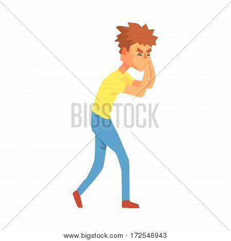 Guy Running To Vomit Nauseous, Adult Person Feeling Unwell, Sick, Suffering From Illness. Cartoon Character Unhealthy With Sicknesses Symptoms In Need Of Medical Treatment.
