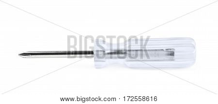 Tiny crosshead screwdriver with a transparent plastic handle, isolated over the white background