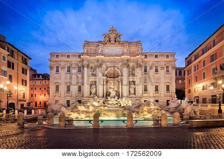 Twilight of Trevi Fountain in Rome, Italy