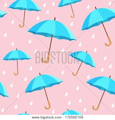 Vector blue umbrellas seamless pattern. Cute cartoon background