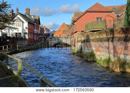 WINCHESTER, UK - FEBRUARY 4, 2017: Walk along the River Itchen leading to the City Mill