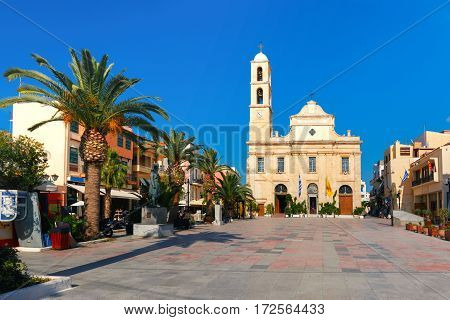 The medieval city with Orthodox cathedral Trimartiry in the sunny morning, Chania, Crete, Greece