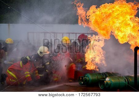 Practice a fire drill outdoor at  Samutsakhon Thailand.