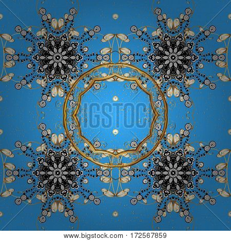 Christmas Snowflake New Year. Golden On Blue Background With Golden Elements. Vintage Pattern On Blu