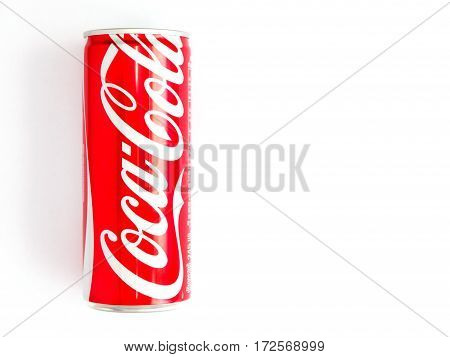 Bangkok Thailand January 27/2017 Classic Coca-Cola can on White Background. Coca Cola Coke is the most popular carbonated soft drink beverage