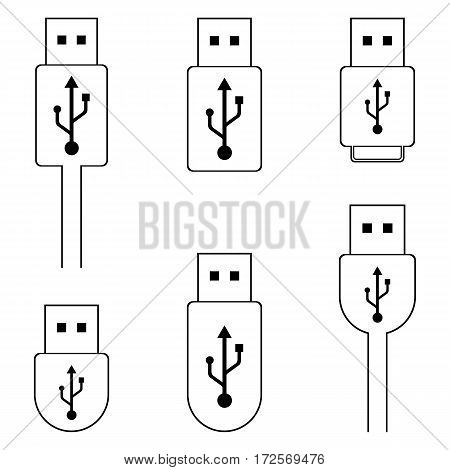 USB flash drive outline icon set isolated on white background.