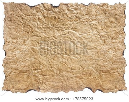 texture of crumpled old paper with burnt edges isolated