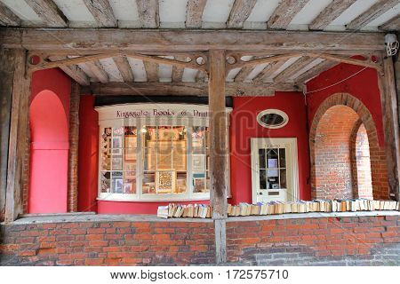 WINCHESTER, UK - FEBRUARY 5, 2017:  Bookshop with second hand books located at the Entrance gate to the old city