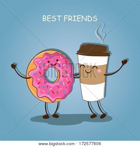 Morning breakfast. Best friends. Cute image of coffee and a donut. Vector illustration.