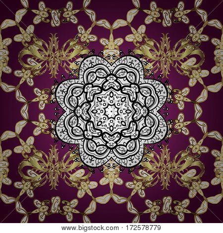 Seamless Golden Textured Curls In Oriental Style Arabesques. Golden Pattern On Purple Background Wit
