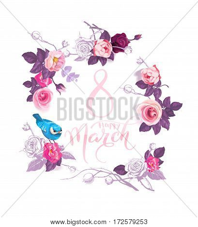 Happy 8 March. Pink hand lettering inside wreath of semi-colored flowers and blue bird sitting on rose on white background. Women's day party invitation. Vector illustration for postcard, banner