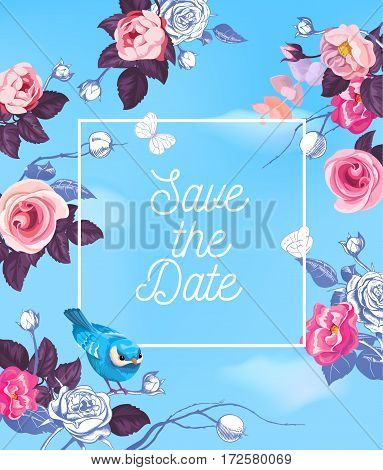 Lovely Save The Date template with semi-colored roses and little bird against blue background with white clouds. Vector illustration for greeting card, postcard, bridal party or wedding invitation