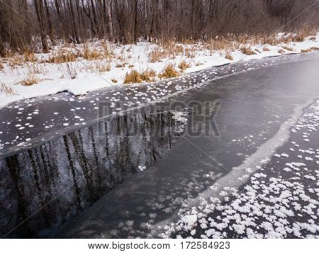 Thin ice on the river with open water. Reflection of trees.