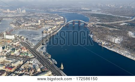 Aerial drone photo of iconic City of Kiev Tower bridge and river Thames.