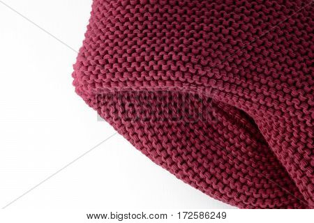 Knitted Maroon Scarf Isolated On A White Background Closeup