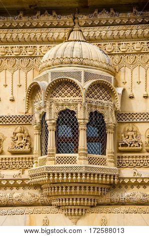 Intricate carvings on the window of the Sanatan Temple in Wembley, United Kingdom