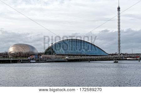 GLASGOW, SCOTLAND - 31 JAN 2017: View of Glasgow Science Centre and IMAX Theatre from the River Clyde. The centre opened in 2001 and is now a major visitor attraction